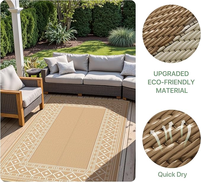 GENIMO Outdoor Rug Waterproof 6'x9' for Patio, Foldable Reversible Plastic Straw Carpet for Travel Trailers, Outside Area Mat for Rv, Deck, Picnic, Porch, Camper, Balcony, Beach, Brown & Beige-Ruum Studio Home