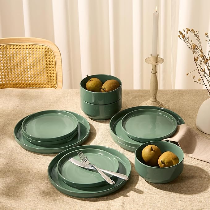 Ceramic Dinnerware Set, 12-Piece Service for 4, Round, Microwave and Dishwasher Safe, Cambridge Classics (Dusty Jade)-Ruum Studio Home