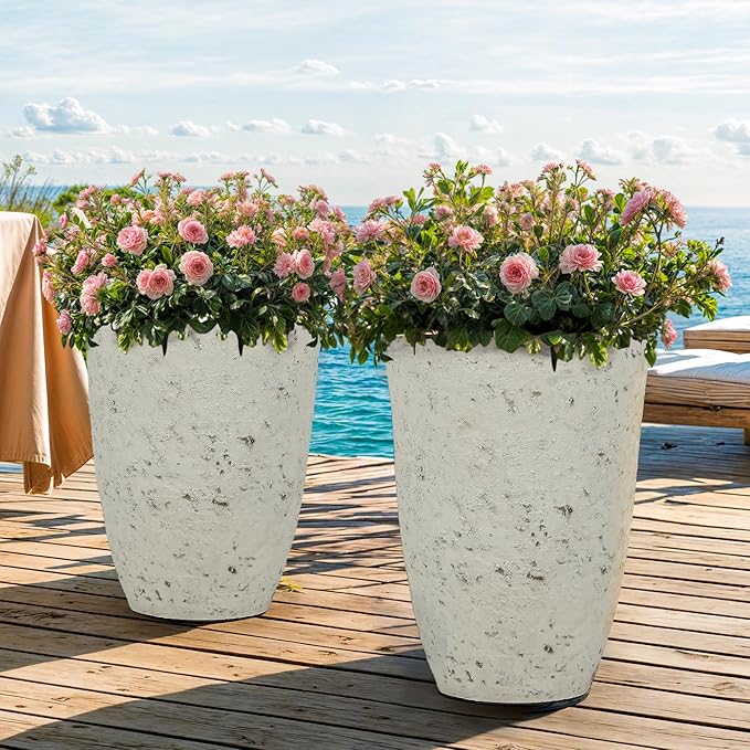 19.5" Resin Tall Planters for Outdoor Plants, Set of 2 Country White Large Flower Pots with Handmade Birch Bark Texture, Heavy-Duty and Weather-Resistant for Year Round Indoor Outdoor use-Ruum Studio Home