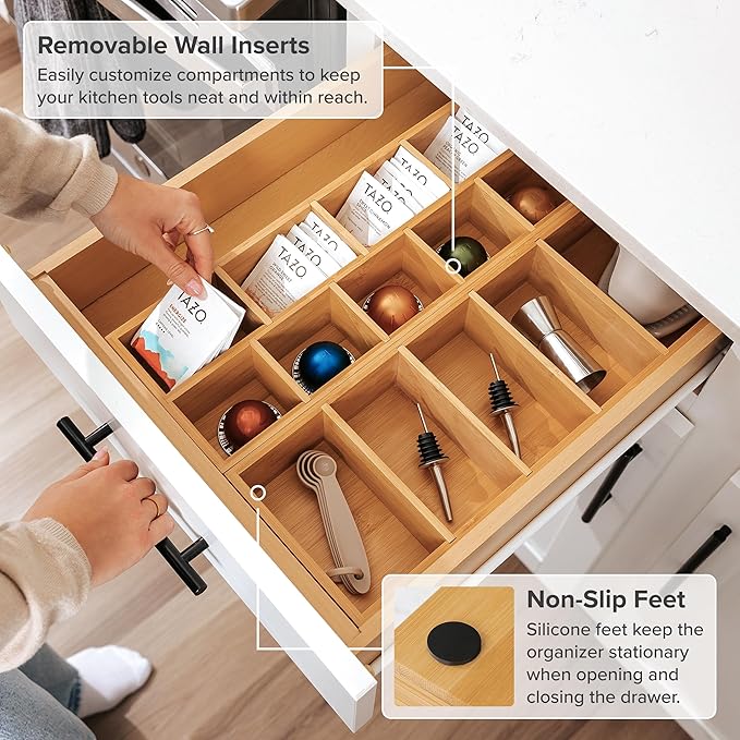 Premium Utensils and Tea Bag Drawer Organizers – 14-Compartment Design with Removable Dividers, Non-Slip Feet, 100% Sustainable Bamboo, 2 Pack-Ruum Studio Home