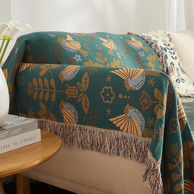 Boho Throw Blanket for Bed 60”x80”, 100% Cotton Woven Blanket for Couch Sofa, Ultra Soft 4-Layer Muslin Quilt with Bird Floral Printed, Farmhouse Bed Blanket/Cover for Living Room Decor-Ruum Studio Home