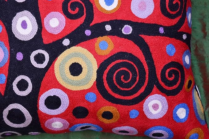 Klimt Tree of Life Pillow Cover | Red Floral Pillowcase | Flower Accent Pillows |Suzani Cushions | Flower Pillows | Modern Floral Cushion Cover | Hand Embroidered Wool Size - 18x18-Ruum Studio Home