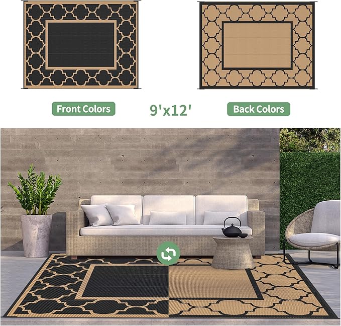 GENIMO Outdoor Rug 9' x 12' Patio Waterproof, Foldable Reversible Plastic Straw Area Rugs Mat for Camper Decor, Outside Carpet for Rv, Deck, Porch, Picnic, Beach, Balcony, Black & Brown-Ruum Studio Home