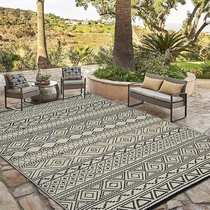 GAOMON Outdoor Rug for Patio Clearance 5x8 Reversible Plastic Straw Patio Rug for Camping Stain & UV Resistant RV Mats for Porch, Deck, Backyard, Camper, Balcony, Picnic, Black&Brown-Ruum Studio Home