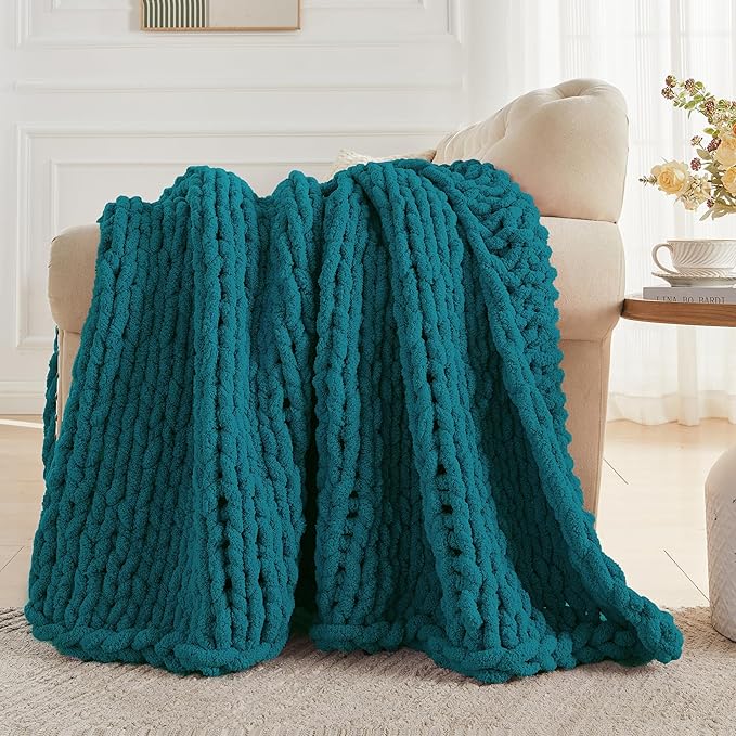Carriediosa Chunky Knit Throw Blanket 50" X 60", 100% Hand Made Large Chenille Loop Yarn Soft Fluffy Throws for Couch Sofa Bed, Big Crochet Cozy Heavy Thick Cable Woven Blankets, Teal-Ruum Studio Home