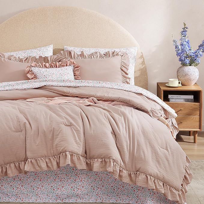 Queen Comforter Set - 7 Pieces Ruffle Pink Bedding Sets, Shabby Chic Farmhouse Bed in a Bag Queen with Ruffle Comforter, Floral Sheets, Pillowcases & Shams-Ruum Studio Home