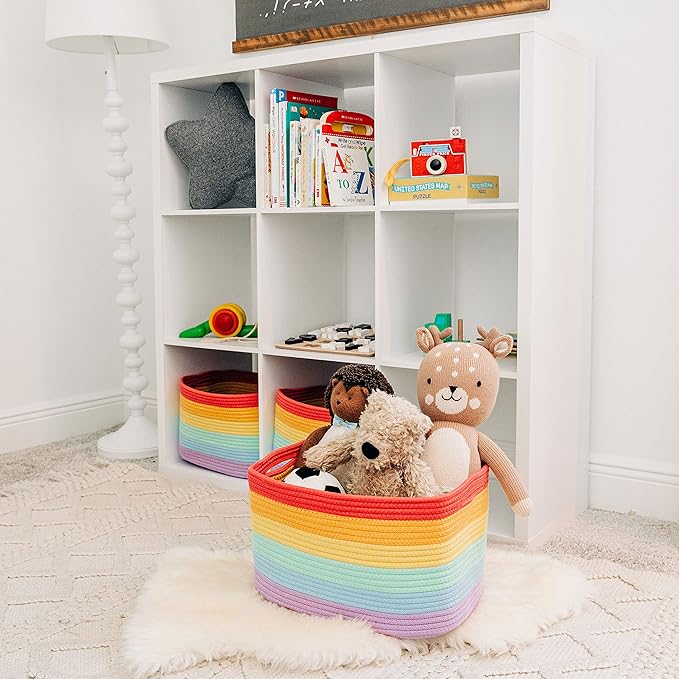 OrganiHaus Rainbow Woven Storage Baskets for Organizing, Cotton Rope Organizer Bins for Shelves, Closet & Nursery, Dog Toy Basket, Decorative Bins for Toys, Towels & Books - 15x10x9-Ruum Studio Home