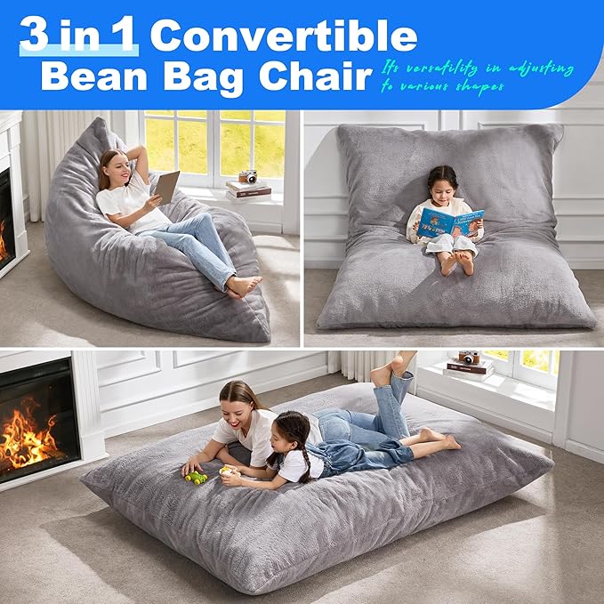 Hobestluk 3 in 1 Bean Bag Chair Giant Bean Bag Chairs for Adults with Chevron Plush Fur Cover Convertible Bean Bag Floor Cushion with Machine Washable Cover for Living Room (Plush Grey)-Ruum Studio Home