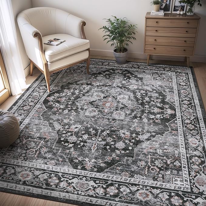 AMOAMI-Area Rug 6X9 Rugs for Living Room-Vintage Sof Dark Grey & Black Rugs for Bedroom-Non Slip Carpet-Machine Washable Rug for Dining Room Living Room Bedroom Office Under Table-Ruum Studio Home