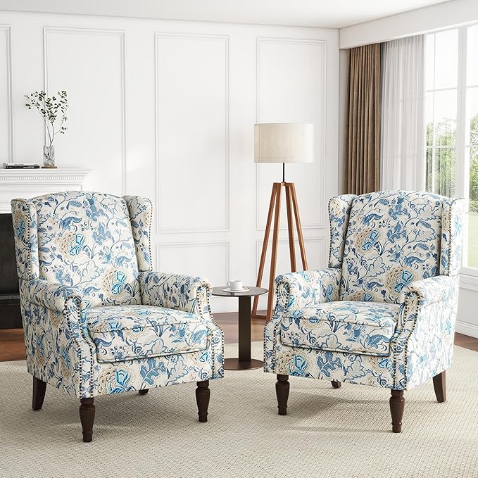 UIXE High Back Floral Accent Chairs Set of 2, Upholstered Armchair in Fabric, Retro Printed Wingback Arm Chair for Living Room, Nailhead Trim Single Sofa Bedroom Reading Seat - Boho Blue-Ruum Studio Home