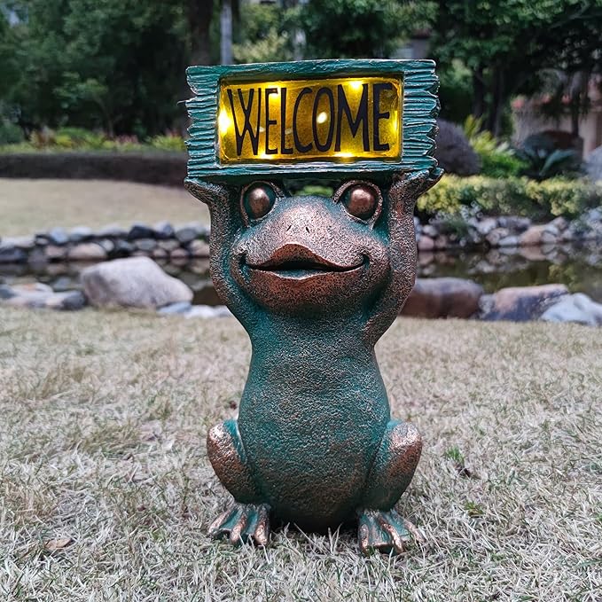 Frog Solar Welcome Garden Statues Outdoor Décor- Frog Figurines Solar LED Light Lawn Ornaments - Yard Decorations for Patio, Balcony, Backyard -Unique House Warming Gifts for Mom-Ruum Studio Home