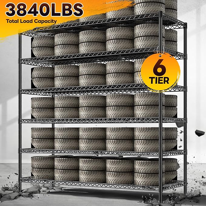 REIBII 83"H Storage Shelves 3840LBS Metal Shelving Unit Garage Shelving Heavy Duty 6 Tier Commercial Adjustable Wire Shelving for Storage Rack for Pantry, Garage, Kitchen, 83"H x 55.5"W x 18"D, 2PCS-Ruum Studio Home