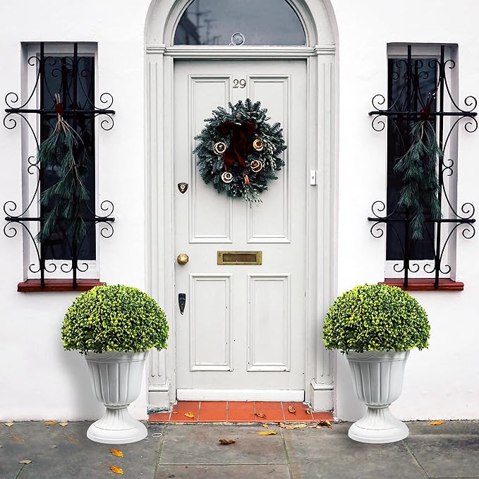 Sunnyglade 2 PCS 23”Artificial Plastic Boxwood Ball Tree，Faux Potted Decorative Topiary Plant，UV Resistant Fake Plant in Pot for Home Gate Indoor Outdoor Patio Office Decor-Ruum Studio Home