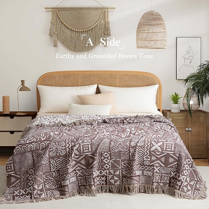 Boho Throw Blanket Twin Size, Soft Cozy Cotton Muslin Quilt Blanket for Bed Decor, Patchwork Block Couch Sofa Chair Cover, Vintage Farmhouse Cottage Tapestry Woven Blanket, Brown&White-Ruum Studio Home