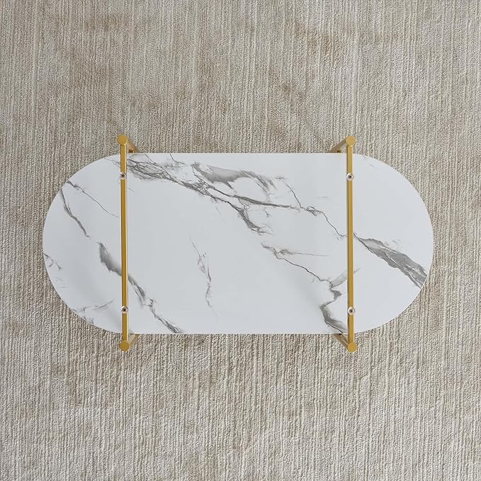 Oval Coffee Table, Mid-Century Modern Design, L41 x W21 x H17 inch, for Living Room, Clear Glass Top, White Marble Finish Wood Shelf & Gold Finish Frame-Ruum Studio Home