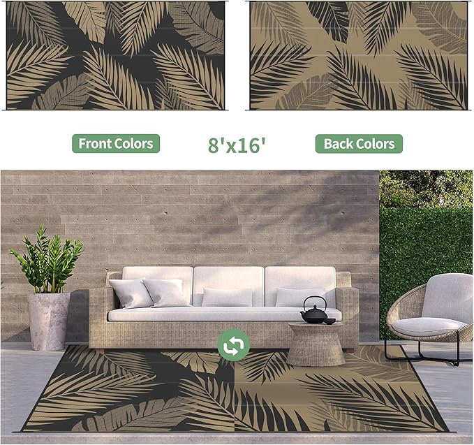 GENIMO Outdoor Rug 8' x 16' Waterproof for Patios Clearance, Reversible Outdoor Plastic Straw Camping Rug Carpet, Large Area Rugs Mats for RV, Camper, Deck, Balcony, Porch, Beach, Picnic, Black&Brown-Ruum Studio Home