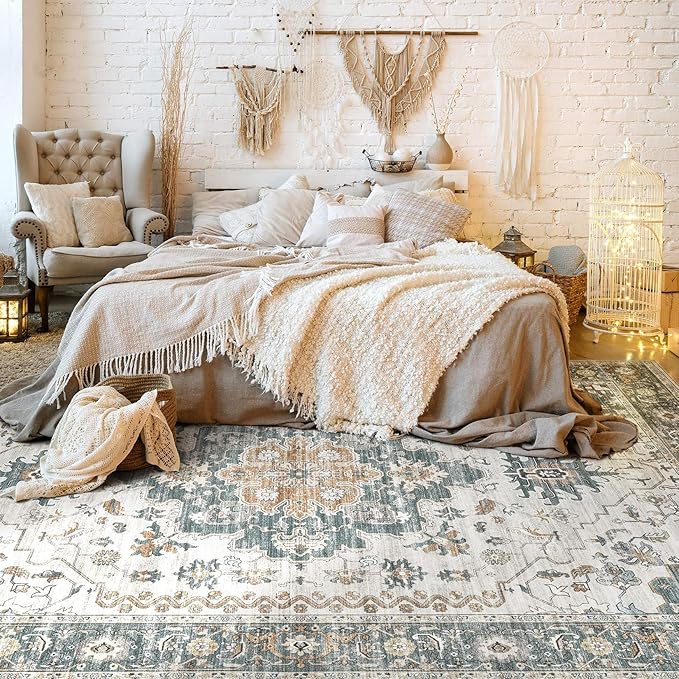 Washable Area Rugs for Living Room -9x12 Neutral Vintage Distressed Floral Farmhouse Boho Large Soft Floor Rug Indoor Non Slip Carpet for Living Room Bedroom Dining Room Office -Green/Grey-Ruum Studio Home