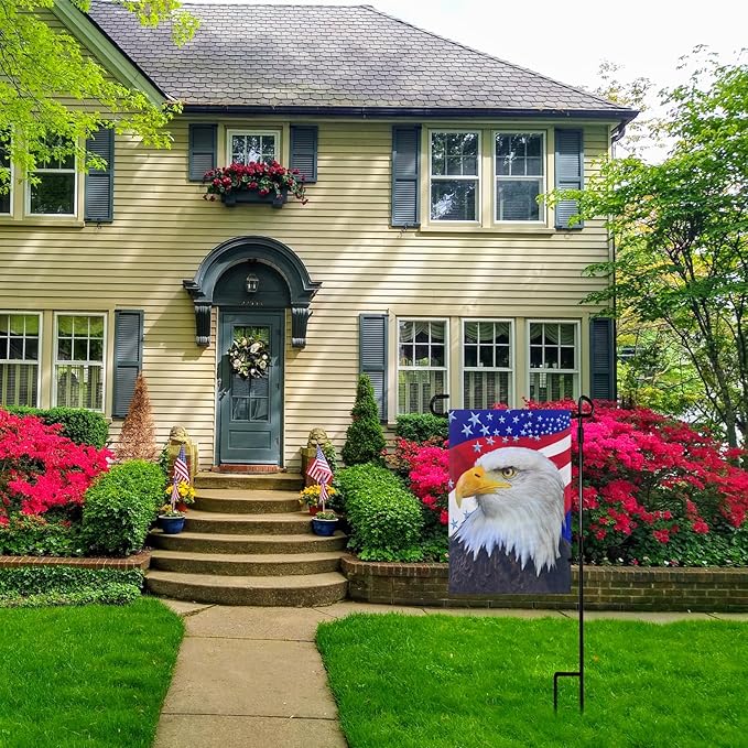 TOPFLAGS Garden Flag Stand with American Garden Flags Patriotic Stars and Eagle Yard Flag 12x18 Inch Holder Pole Stake Double Side for Outside with Clips and Stopper-Ruum Studio Home