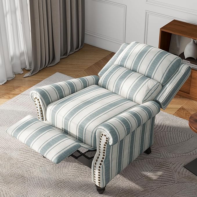 UIXE Pushback Recliner Chairs Set of 2, Fabric Armchair Push Back Accent Chair, Rivet Trim Club Chair Home Theater Overstuffed Single Sofa Reading Seat for Living Room, Stripe Blue-Ruum Studio Home