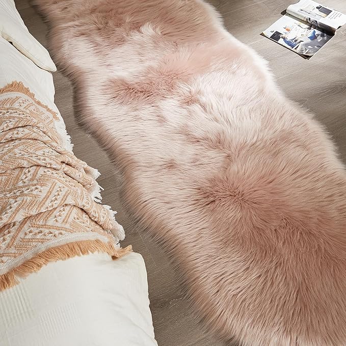AMTOVO Faux Sheepskin Rug, Pink Ultra Soft Fluffy Shag Area Rug, 2 x 6 ft Faux Fur Rug for Bedroom Sofa Throw Cushion Room Decor, Sheepskin-Ruum Studio Home