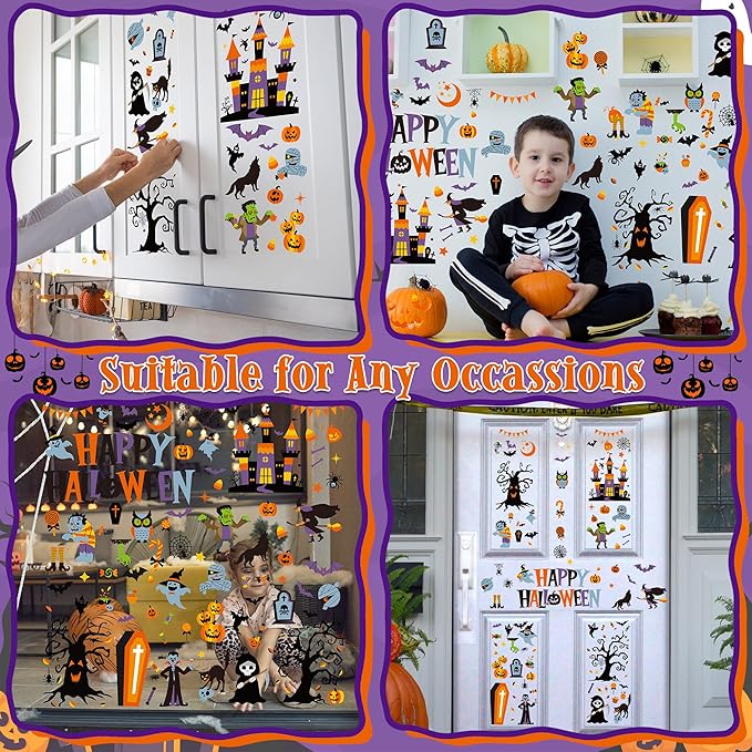 115PCS Halloween Window Clings, 9 Sheets Halloween Decorations, Cute Witch Tree Zombie Ghost Patterns PVC Window Stickers for Treat or Trick Party Favors Decal Supplies Decor Accessories-Ruum Studio Home