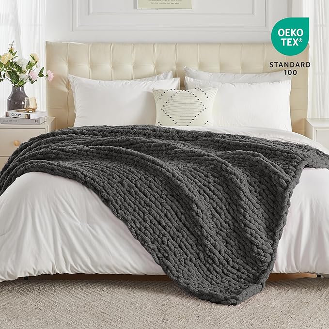 Carriediosa Chunky Knit Throw Blanket 60" X 80" Twin, 100% Hand Made Large Chenille Loop Yarn Soft Fluffy Throws for Couch Sofa Bed, Big Crochet Cozy Heavy Thick Cable Woven Blankets, Dark Grey-Ruum Studio Home