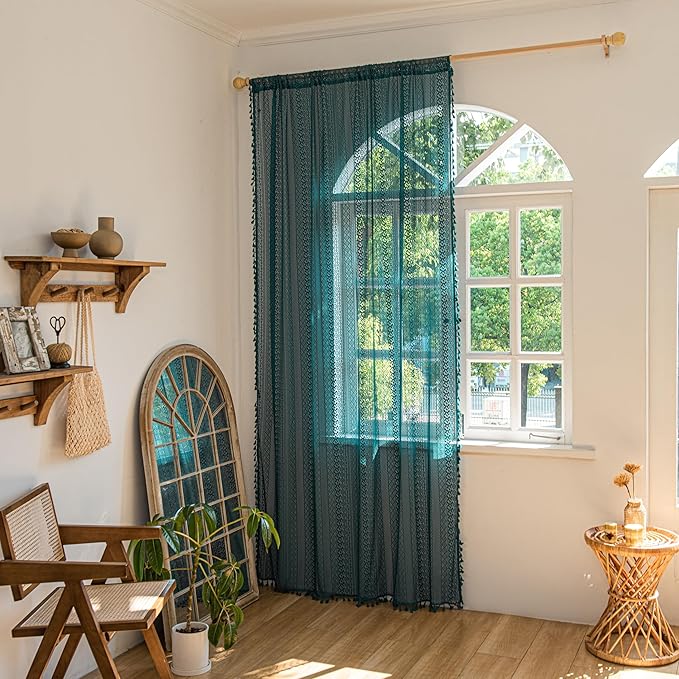 Sutuo Home Boho Curtains 120 inches for Bedroom Dining Room Patio Doorway, Crochet Lace Sheer Bohemian Extra Long with Tassels,Window Treatment Drape, Single 1 Panel 59" W x 120" L, Turquoise-Ruum Studio Home