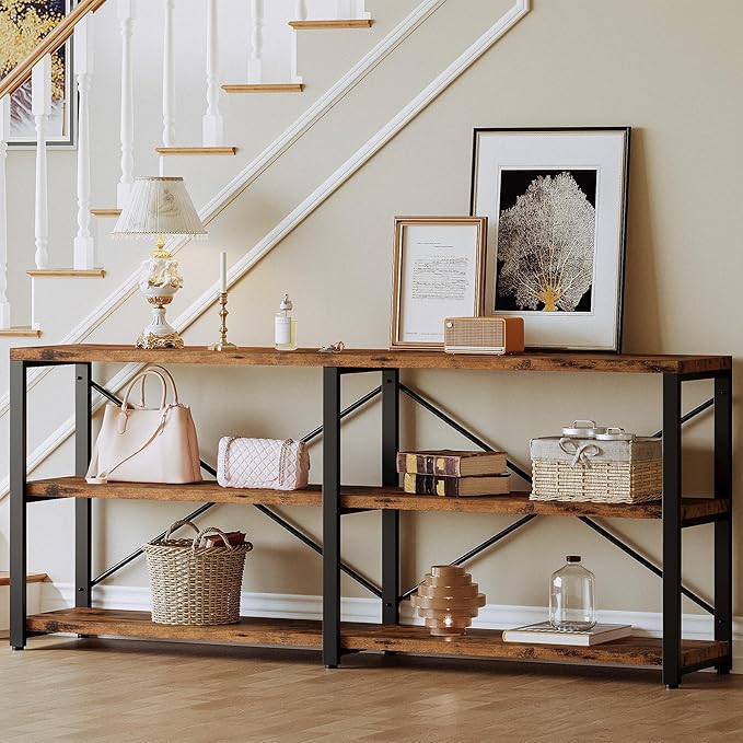 IRONCK Rustic Entryway Console Table, Long Hallway Table 70.8 in 3-Tier, TV Stand Entertainment Center Media Stand for Living Room, Industrial Style, Vintage Brown-Ruum Studio Home