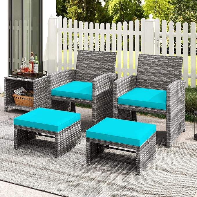 Tangkula 2 Pieces Patio PE Rattan Ottomans, Multipurpose Outdoor Footstool Footrest Additional Seating Side Table with Soft Zippered Cushions for Deck, Garden, and Yard (Turquoise)-Ruum Studio Home