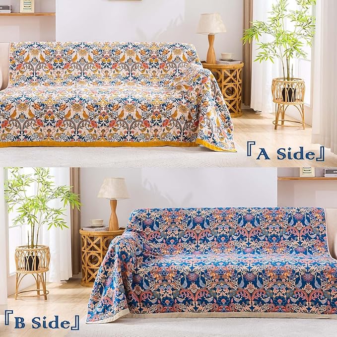 Boho Blanket Throw Quilt, 100% Cotton Soft Light Weight Throw Blankets for Summer, 80"x90" Farmhouse Flower Decorative Blankets, All Season Rustic Reversible Bohemian Throw Quilt-Ruum Studio Home