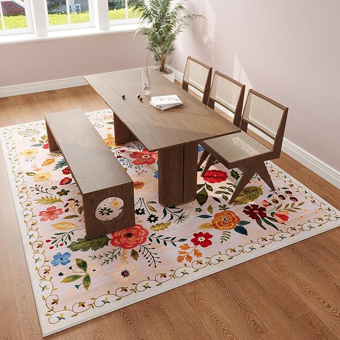 Living Room Rug 5x7 Rug Machine Washable Boho Area Rug Non Slip Floral Vintage Low Pile Large Rugs for Living Room, Bedroom, Farmhouse, Dining Room, Kids Playroom(Beige)-Ruum Studio Home