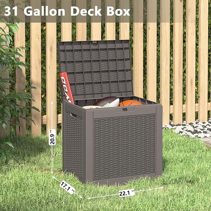 31 Gallon Deck Box, Resin Outdoor Storage Box, Waterproof and UV Resistant Deck Box, Lightweight Storage Box for Garden Tools, Pool Supplies-Ruum Studio Home