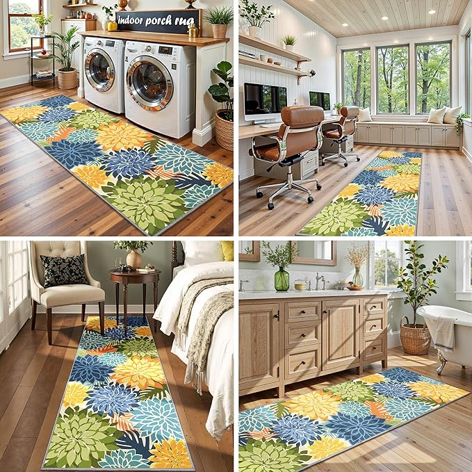 Area Rug 2x6 Yellow Green Washable Entry Rug Multicolored Tropical Botanical Modern Floral Indoor Kitchen Door Mat Entrance Carpet Non Slip for Bedroom Living Room, Porch-Ruum Studio Home