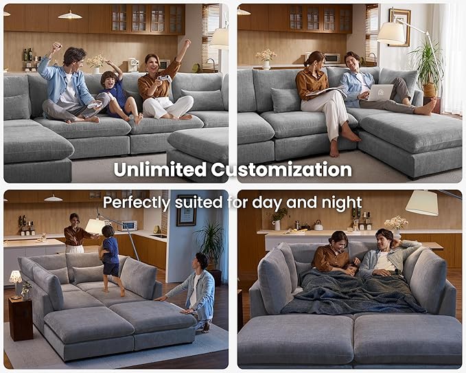 Oversized Modular Sofa, Extra Deep Cloud Chenille Sectional Couch with Ottoman Chaise, Fluffy Chenille 2 Seater Sofa Bed for Living Room, Villa (Loveseat Sofa, Chenille Grey)-Ruum Studio Home
