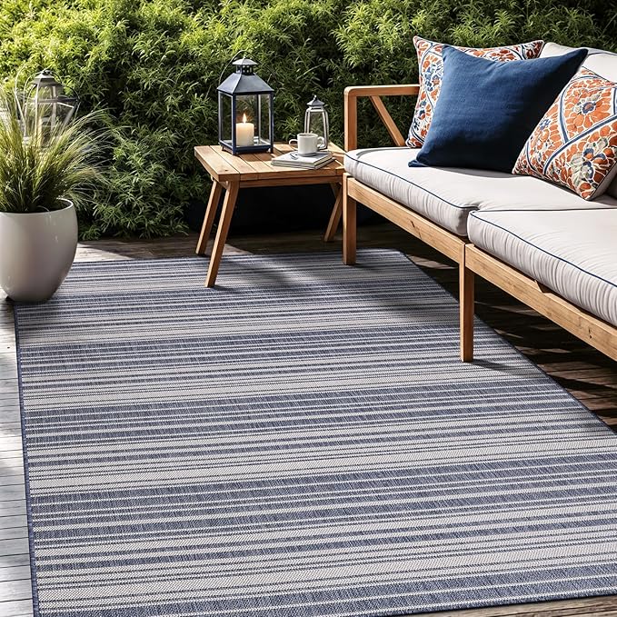 Stripe Outdoor Rug 9x12 Washable Outside Carpet for Indoor Patio Porch Waterproof Easy Cleaning Non Shedding Area Rugs Blue 9 x 12-Ruum Studio Home