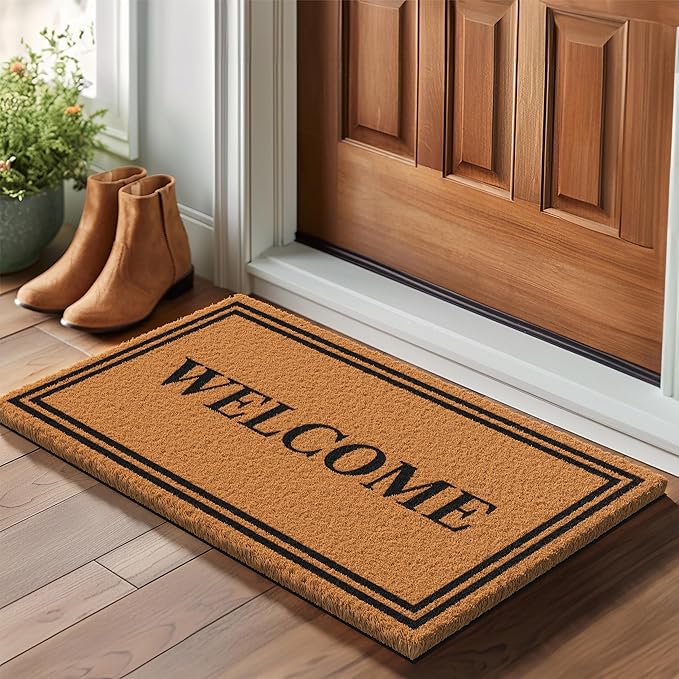 Barnyard Designs Natural Coco Coir Heavy Duty Backing Doormat - Large Cute Non-Slip Front Door Welcome Mat for Outside Entrance or Porch Entry, Brown (17x30, Welcome)-Ruum Studio Home
