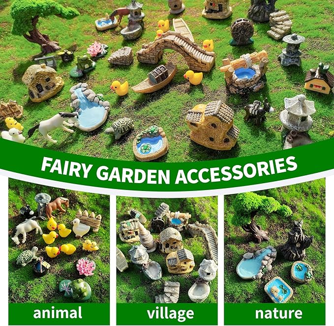 37PCS Fairy Garden Accessories, Miniature Nature Village Theme Fairy Garden Supplies for Outdoor, Mini Resin Animals House Bridge Pool Figurines Micro Landscape Succulent Plant Pots Terrarium Decor-Ruum Studio Home
