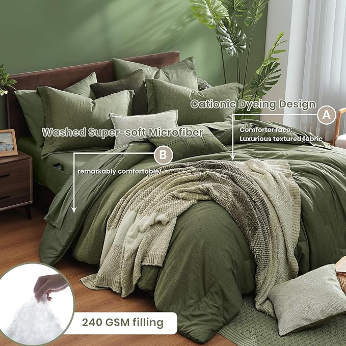 Monbix Queen Comforter Set - 7 Pieces Cationic Dyeing Olive Green Bed in a Bag Queen Bedding Sets with Comforter, Sheets, Pillowcases & Shams, Reversible Bedding Comforters Sets-Ruum Studio Home