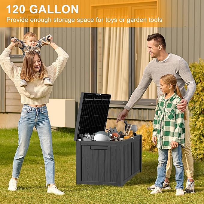 120 Gallon Deck Box,Resin Outdoor Storage Box with Lockable for Patio Furniture, Pool Accessories, Garden Tools Waterproof Outside Storage Box, Black-Ruum Studio Home