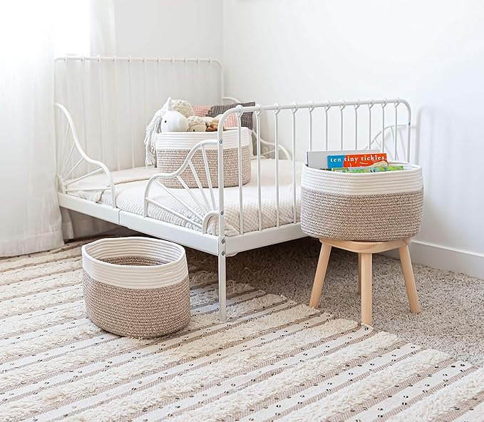 OrganiHaus Set of 3 Woven Storage Baskets for Organizing, Cotton Rope Organizer Bins for Shelves, Closet & Nursery, Dog Toy Basket, Decorative Bins for Toys, Towels & Books - 15x10x9, Brown-Ruum Studio Home