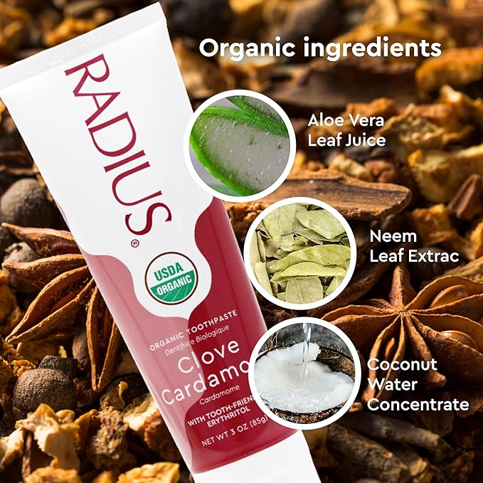 RADIUS USDA Organic Toothpaste 3oz Non Toxic Chemical-Free Gluten-Free Designed to Improve Gum Health & Prevent Cavity - Clove Cardamom - Pack of 2-Ruum Studio Home