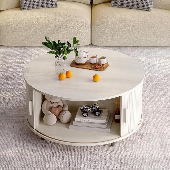Round Coffee Table with Storage, 31.5" Modern Coffee Table with 360° Curved Sliding Door, Fluted Wood Coffee Table with Adjustable Footpads, Round Center Table for Living Room, Natural White-Ruum Studio Home