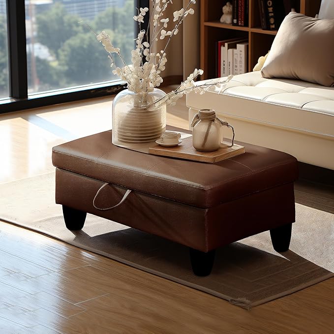 Ottoman Rectangular Storage Ottoman Bench, Faux Leather Footrest, Coffee Table, Stool Footstool with Hinged Lid for Living Room, Bedroom, Entryway, Brown, 28.5"x19"x17.5"-Ruum Studio Home