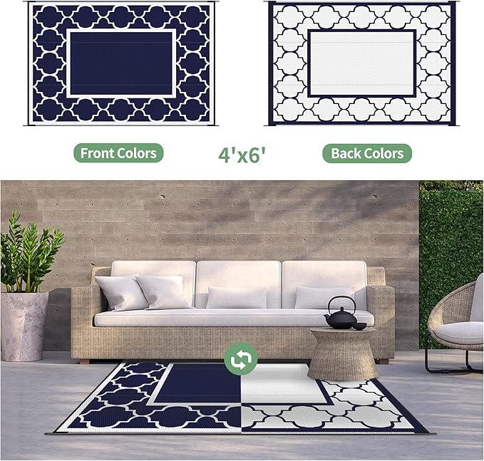 GENIMO 4' x 6' Outdoor Rug Waterproof for Patio Decor, Foldable Reversible Plastic Straw Area Rugs Mat for Camper, Outside Carpet for Rv, Deck, Porch, Picnic, Beach, Balcony, Blue & White-Ruum Studio Home