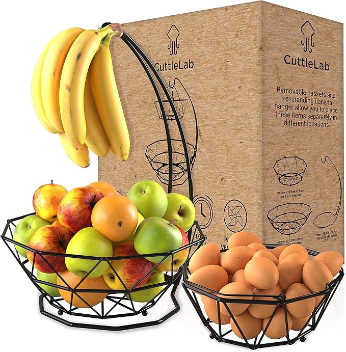 Fruit Basket with Banana Hanger and Fruit Bowl. Kitchen Counter Fruit Bowl with Banana Holder used as Bread, Vegetable or Produce Basket, Egg Holder, 2 Tier-Ruum Studio Home