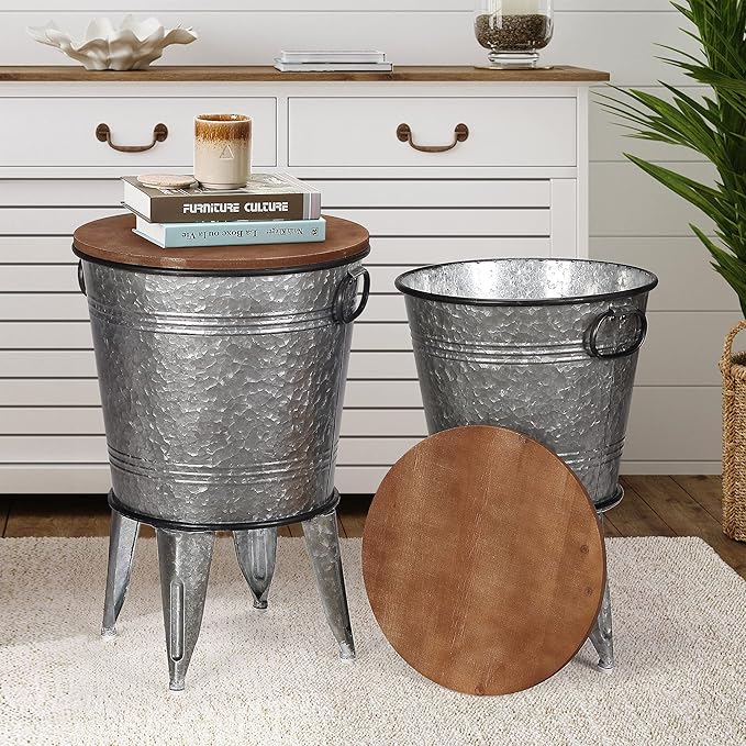 Rustee Rustic Storage Farmhouse Accent Side Table,Antique Galvanized Metal End Coffee Cocktail Table Box Bin with Round Wooden Lid Set of 2 (Galvanized),HC2009WT,One size-Ruum Studio Home