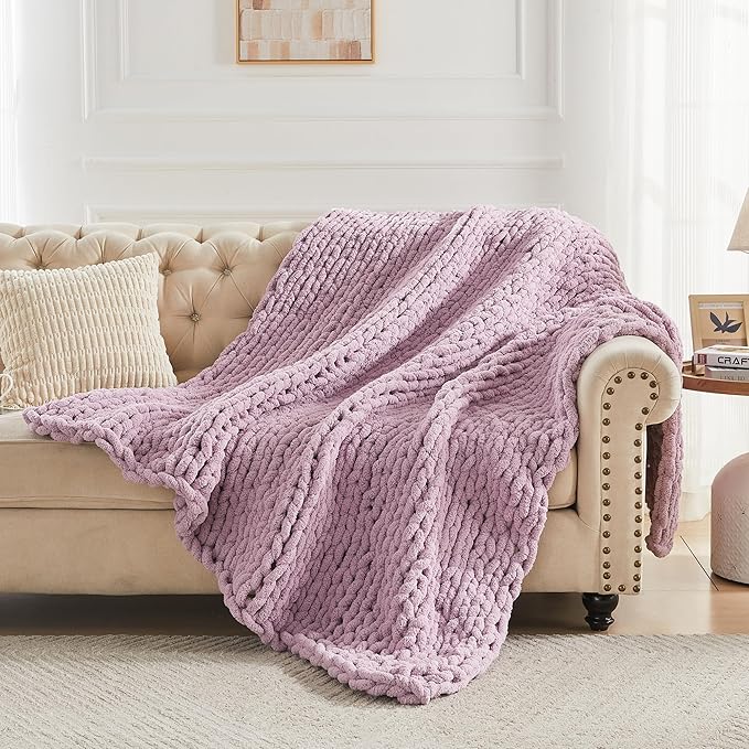 Carriediosa Chunky Knit Throw Blanket 50" X 60", 100% Hand Made Large Chenille Loop Yarn Soft Fluffy Throws for Couch Sofa Bed, Big Crochet Cozy Heavy Thick Cable Woven Blankets, Purple-Ruum Studio Home