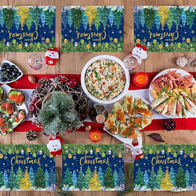 Christmas Pine Trees Placemats Set of 6 Plastic Table Mats Xmas Ball Ornaments Snowflakes Place Mats Holiday Pine Trees Winter Table Decoration for Indoor Outdoor Party Kitchen Dining-Ruum Studio Home