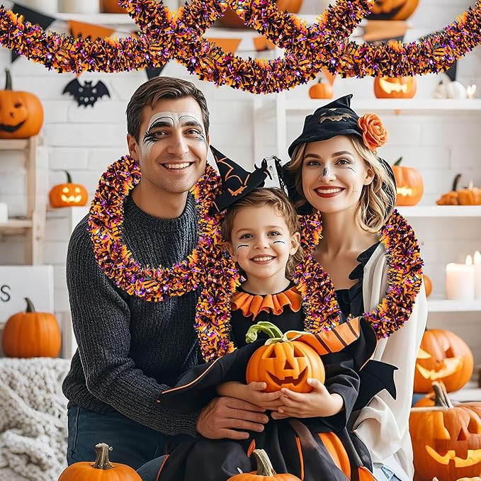 50FT Halloween Decorations Tinsel Garland, Orange Purple Black Shiny Metallic Tinsel Twist Hanging Streamers Garland for Halloween Birthday Home Tree Banister Indoor Outdoor Party Decor Supplies-Ruum Studio Home