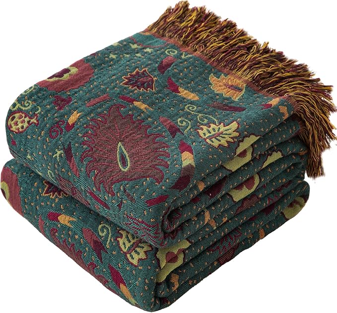 Boho Throw Blanket Twin Size, Soft Cozy Cotton Muslin Quilt Blanket for Bed Decor, Floral Patterned Couch Sofa Chair Cover, Vintage Farmhouse Cottage Tapestry Woven Blanket, Green&Orange-Ruum Studio Home